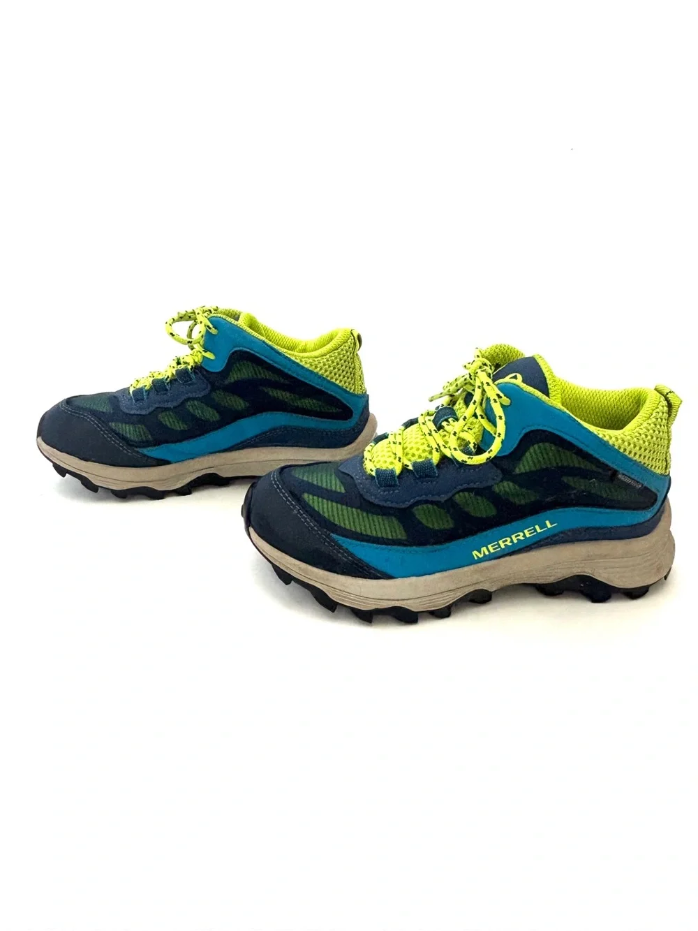 Merrell Youth Moab Speed 2 Mid Navy/Hi-Viz Waterproof Hiking Boot/Sneaker Sz 1